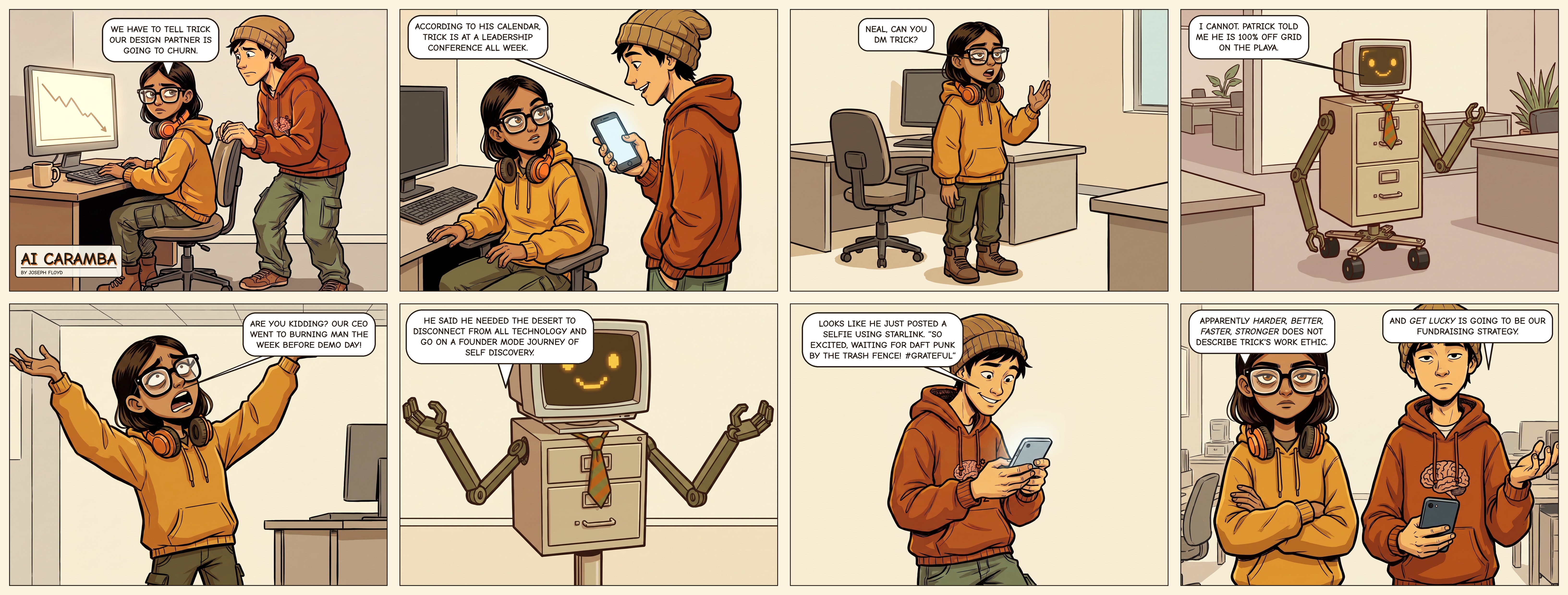 AI Caramba 001: Burning Man. Eight-panel comic, arranged in four columns and two rows.