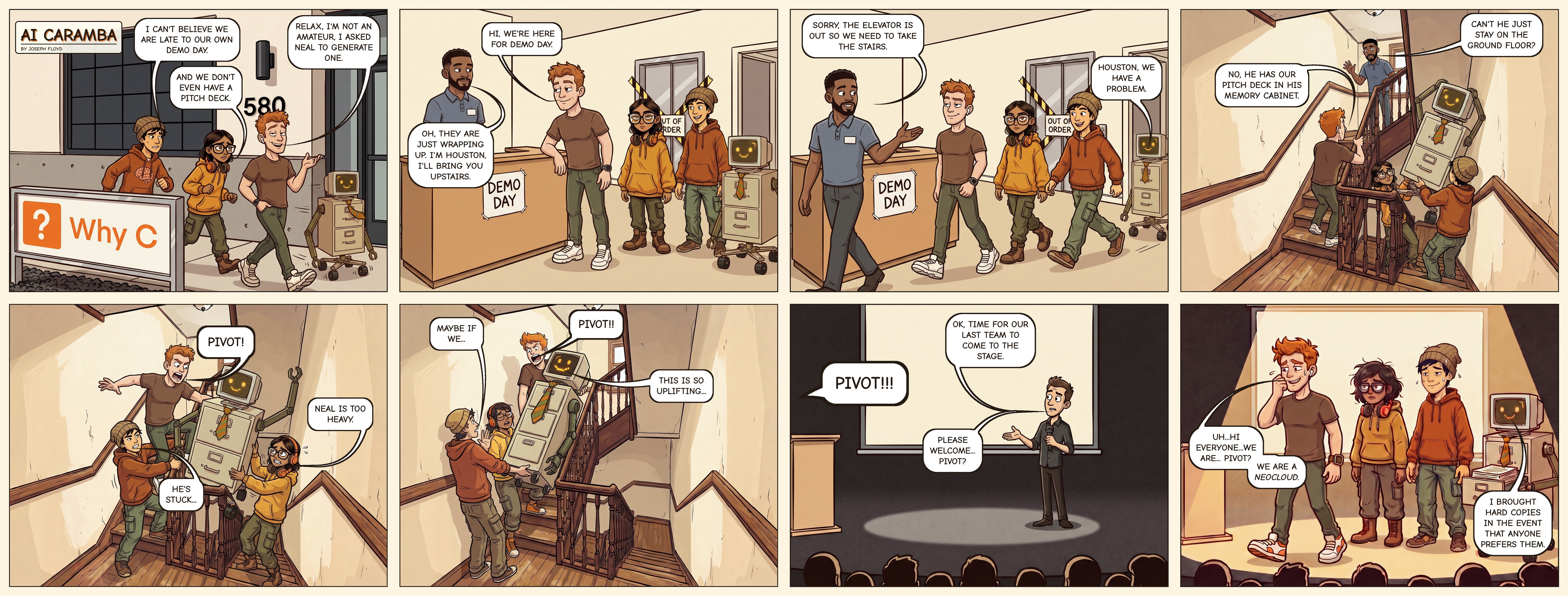 AI Caramba 003: Why C? Eight-panel comic, arranged in four columns and two rows.