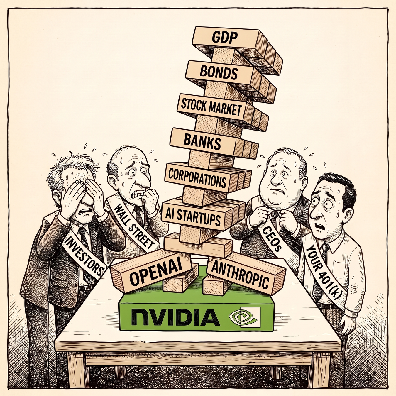 An unstable Jenga tower balances on an NVIDIA box, with OPENAI and ANTHROPIC blocks supporting a precarious economic stack above.