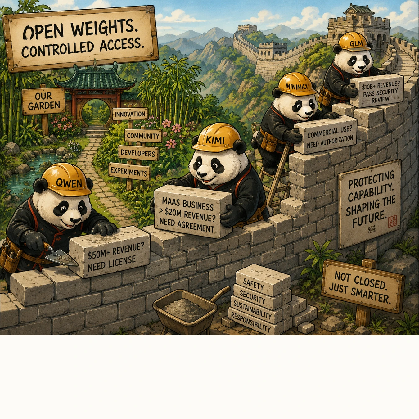 Pandas build the Great Wall in a cartoon about open AI models.