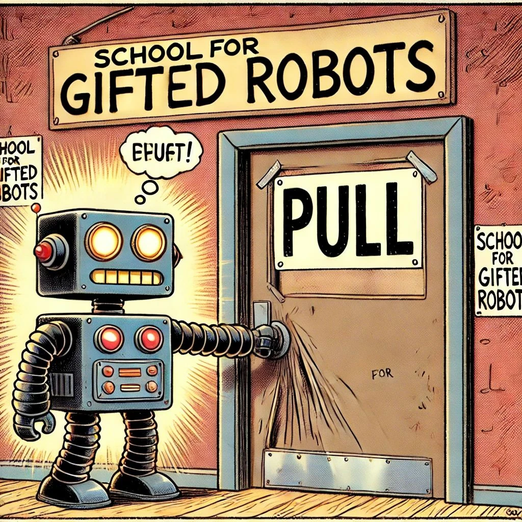 A robot outside the School for Gifted Robots pushes on a door clearly marked PULL.