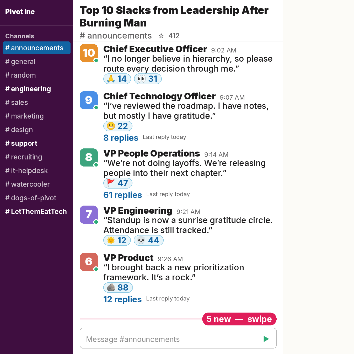 Top 10 Slacks from Leadership After Burning Man. A single vertical Pivot Inc Slack conversation with all ten messages, counting down from 10 to 1: the CEO rejects hierarchy but demands every decision; the CTO offers roadmap gratitude; People Operations reframes layoffs; Engineering mandates sunrise gratitude circles; Product adopts a rock as a framework; HR calls compensation bands a construct and policy; the CEO becomes Chief Alignment Officer without changing pay; Customer Success hugs a customer; the CFO replaces equity refresh with a gift; and the Intern takes leave to rethink their life choices.